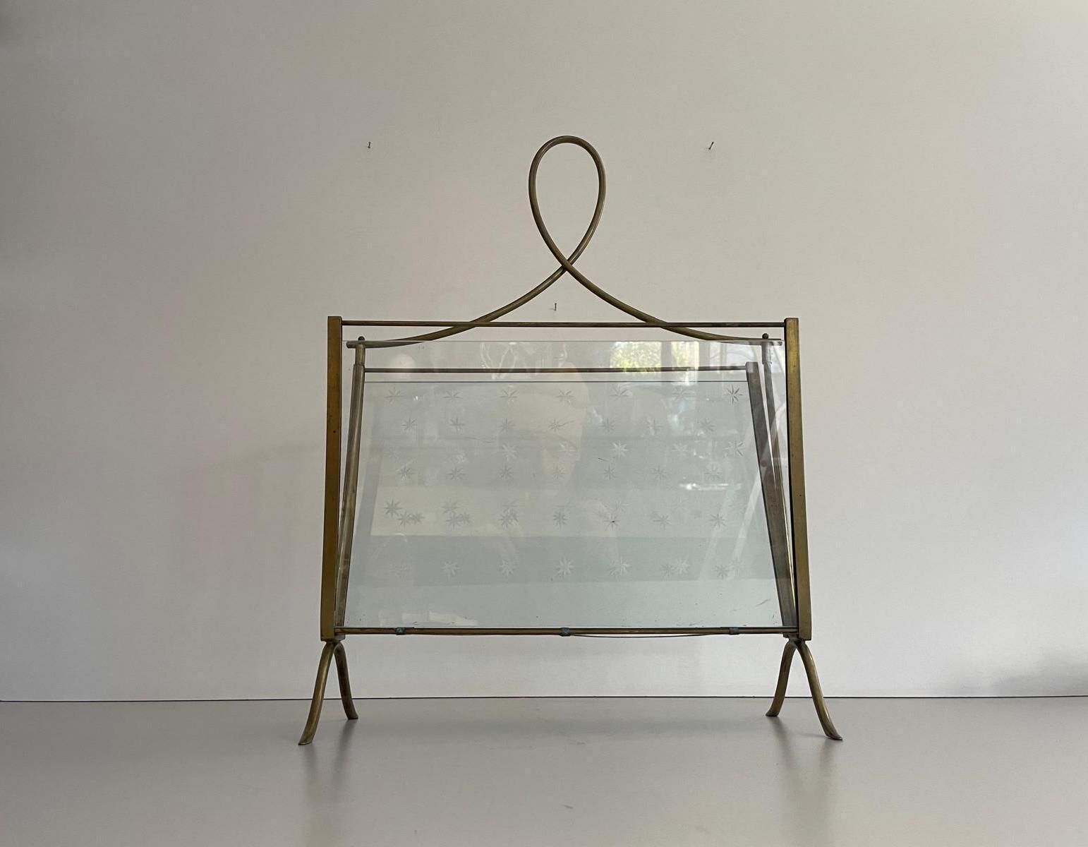 Mid Century Modern Glass And Brass Elegant Magazine Holder, 1960s, Italy photo for sale