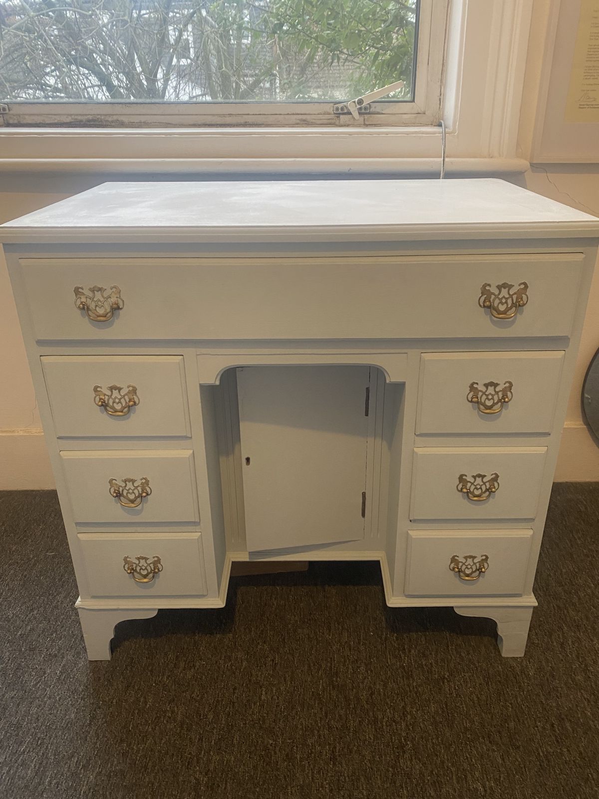 Vintage Dressing Table Solid Wood Eggshell Blue Brass Handles photo for sale