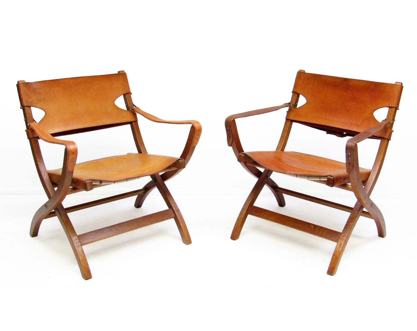 Two 1950s Danish Safari Chairs In Oak & Hide Leather By Poul Hundevad photo furniture