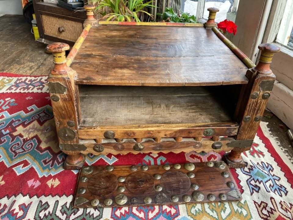 Antique Indian Bajot Puja Table, Hardwood, Original Brass And Paintwork photo furniture