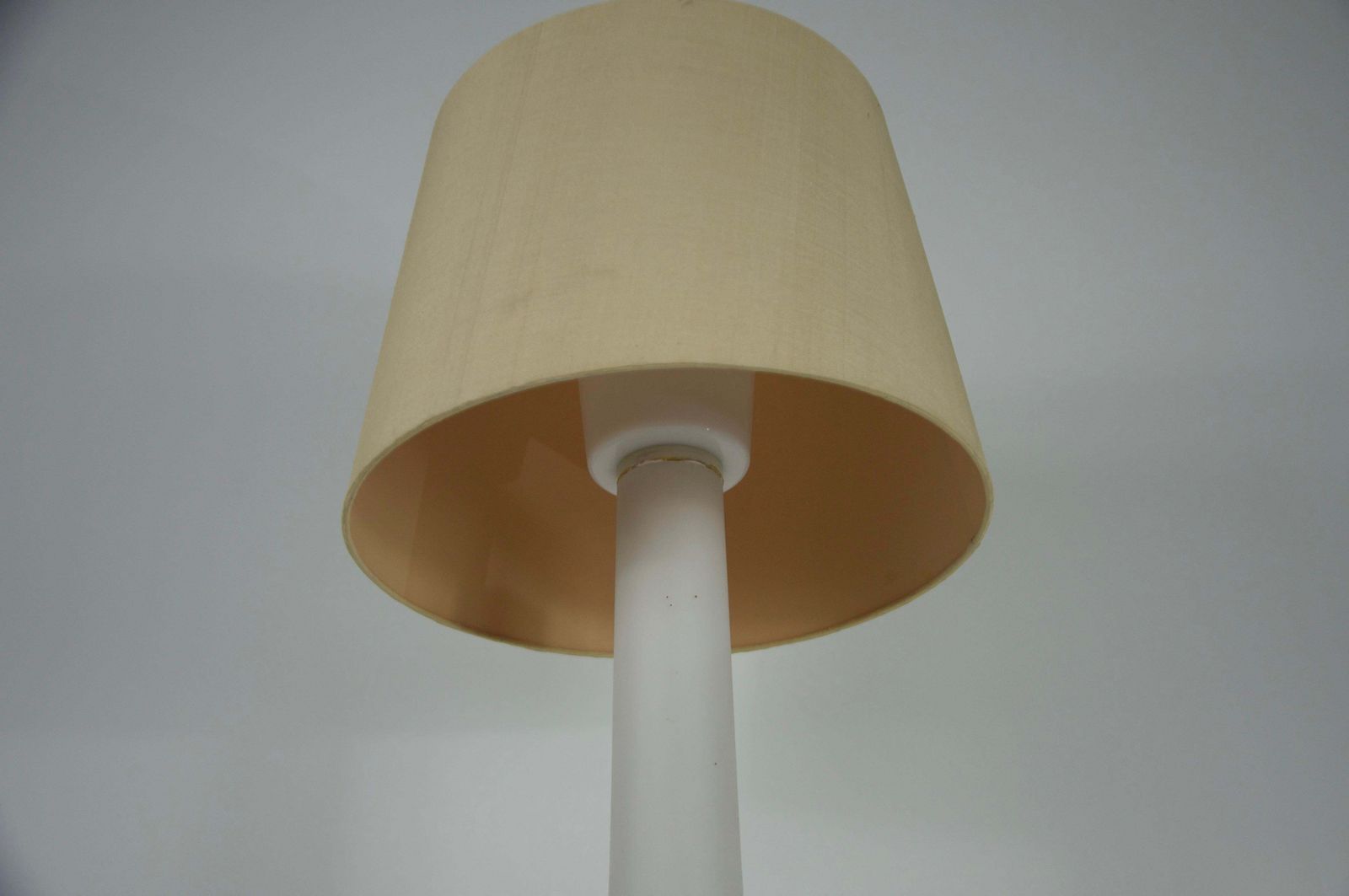 Mid Century White Glass And Fabric Shade Table Lamp By Luxus Sweden, 1960s photo vintage