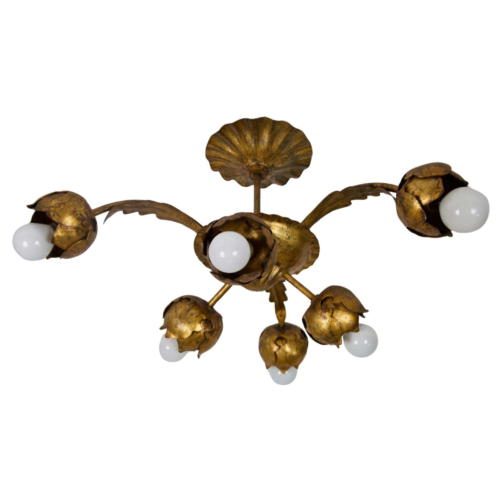 Large Golden Florentine Flower Shape Ceiling Lamp, Italy, 1970s