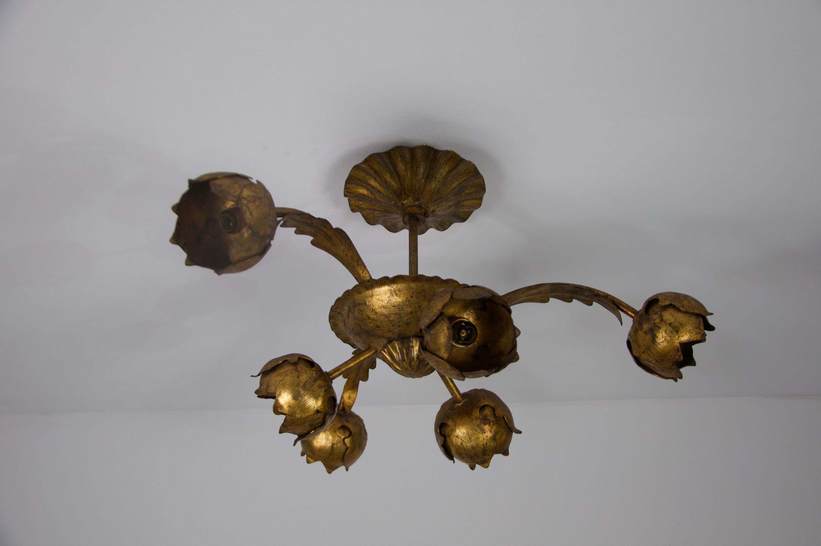 Large Golden Florentine Flower Shape Ceiling Lamp, Italy, 1970s photo for sale