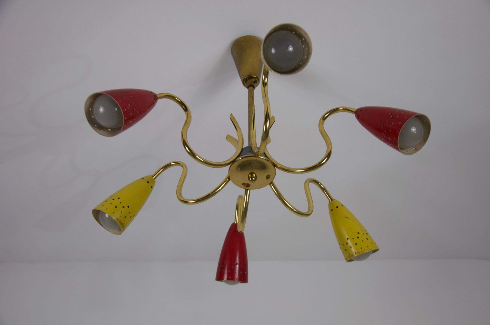 Colorful Mid Century Brass 6 Arm Sputnik Chandelier, 1950s photo vintage