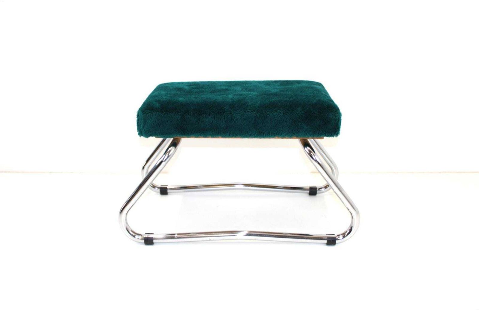 Vintage Upholsterer Chrome Stool / Footstool / Step Stool / Cushion Stool / Ottoman / Vintage Kick / Green Stool Chair 60s / Fluff Stool photo for sale