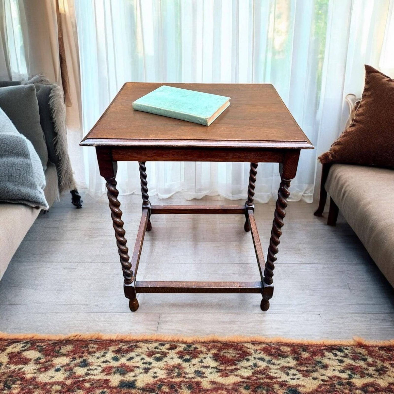 Vintage Oak Side Table / English C1920 / Barley Twist Legs