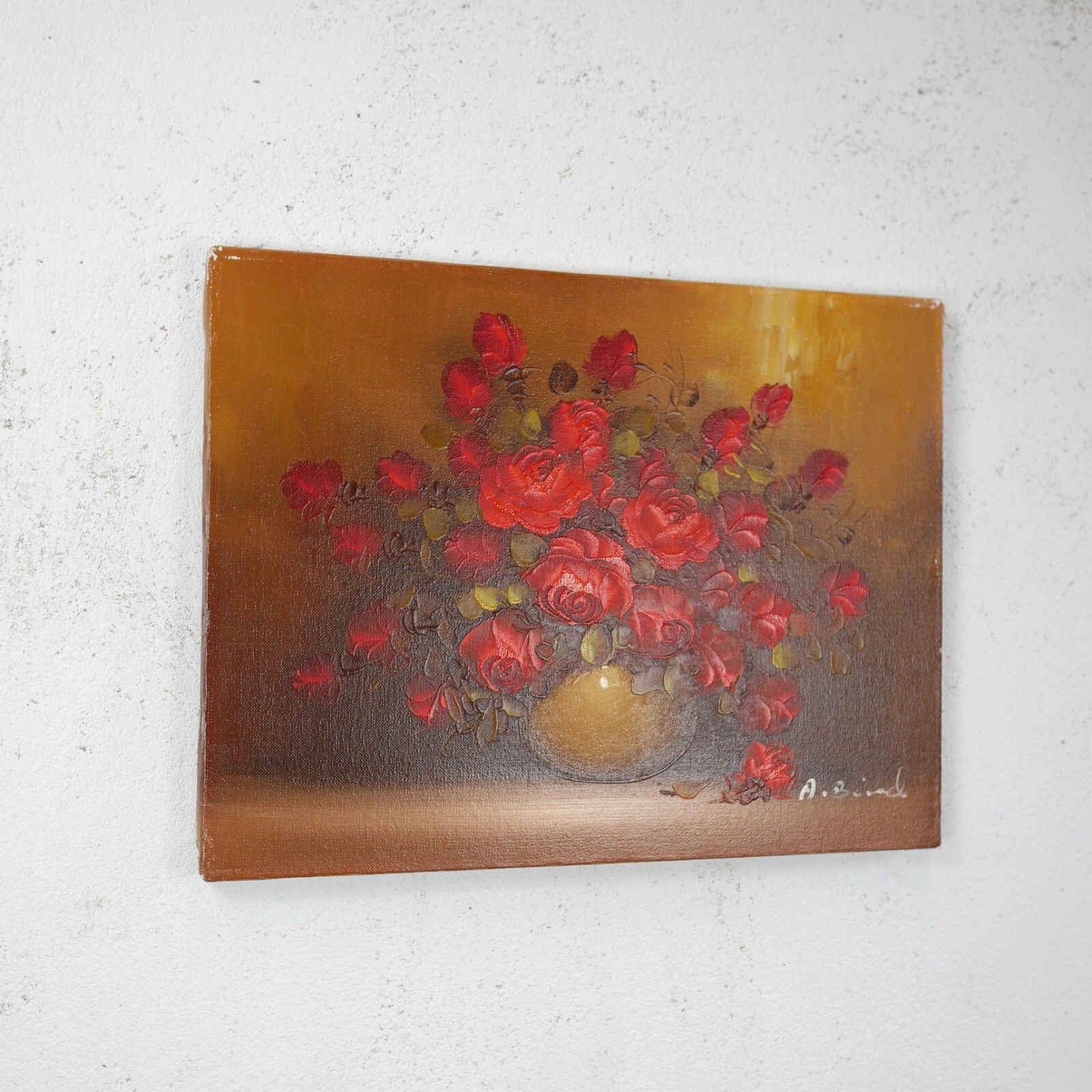 Vintage Original Oil Painting Red Flowers Roses Signed #102785 photo for sale