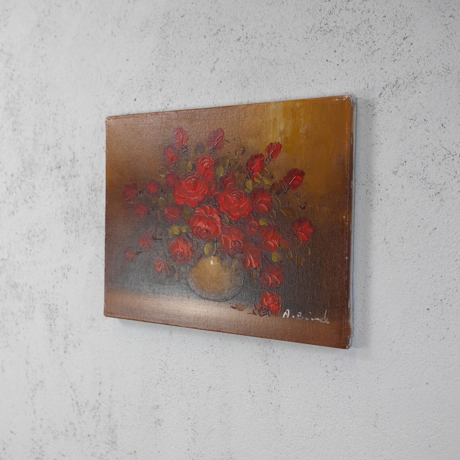 Vintage Original Oil Painting Red Flowers Roses Signed #102785 photo Art