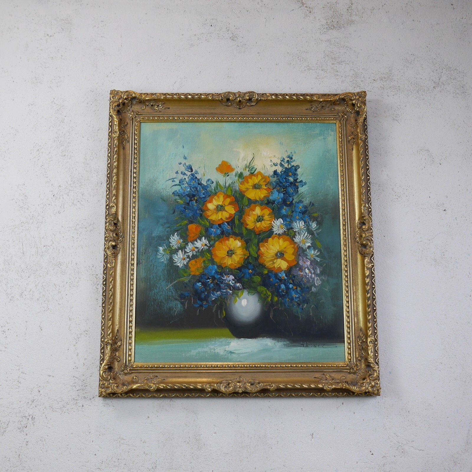Vintage Original Oil Painting Blue Orange Flowers Delphiniums Signed #102786 photo furniture