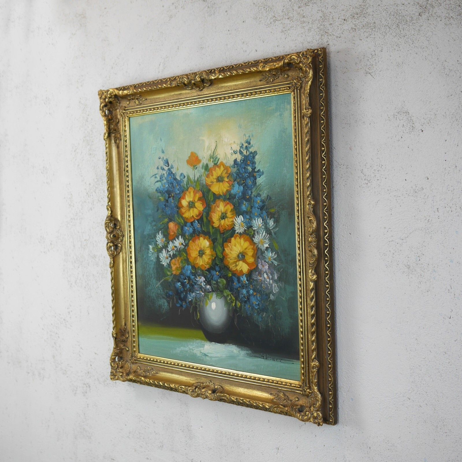 Vintage Original Oil Painting Blue Orange Flowers Delphiniums Signed #102786 photo Art