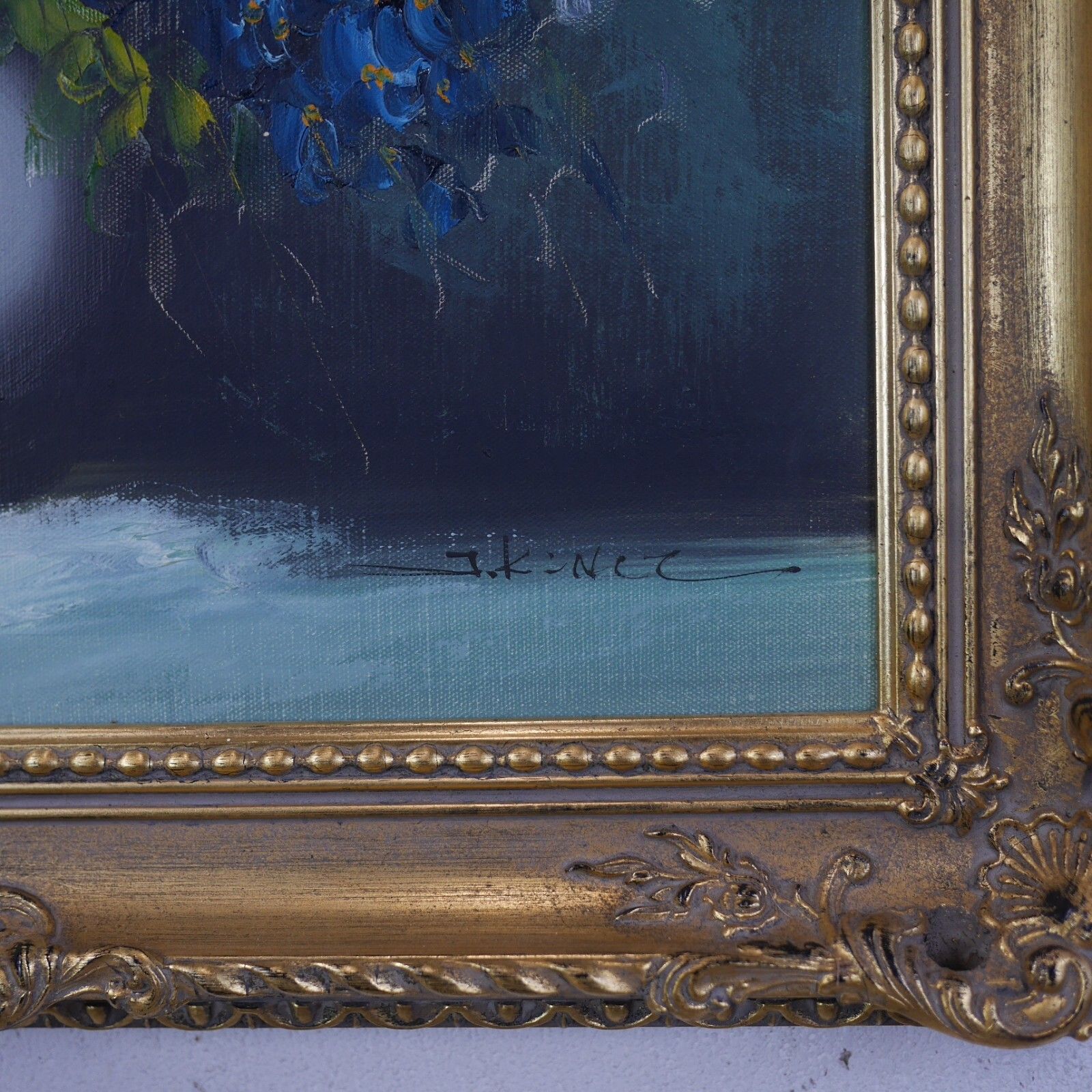 Vintage Original Oil Painting Blue Orange Flowers Delphiniums Signed #102786 photo 195.0