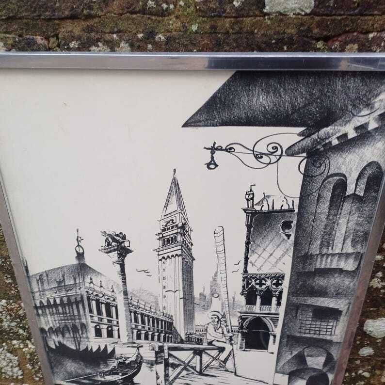 Retro Drawing Of Venice, Italy In Chrome Retro Frame   Ink And Charcoal, Signed, Drawing Of St Marks Campanile, With Gondola And Canal photo for sale