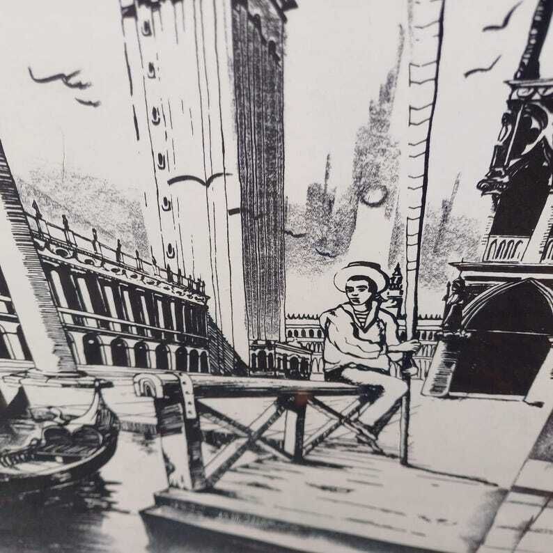 Retro Drawing Of Venice, Italy In Chrome Retro Frame   Ink And Charcoal, Signed, Drawing Of St Marks Campanile, With Gondola And Canal photo Art