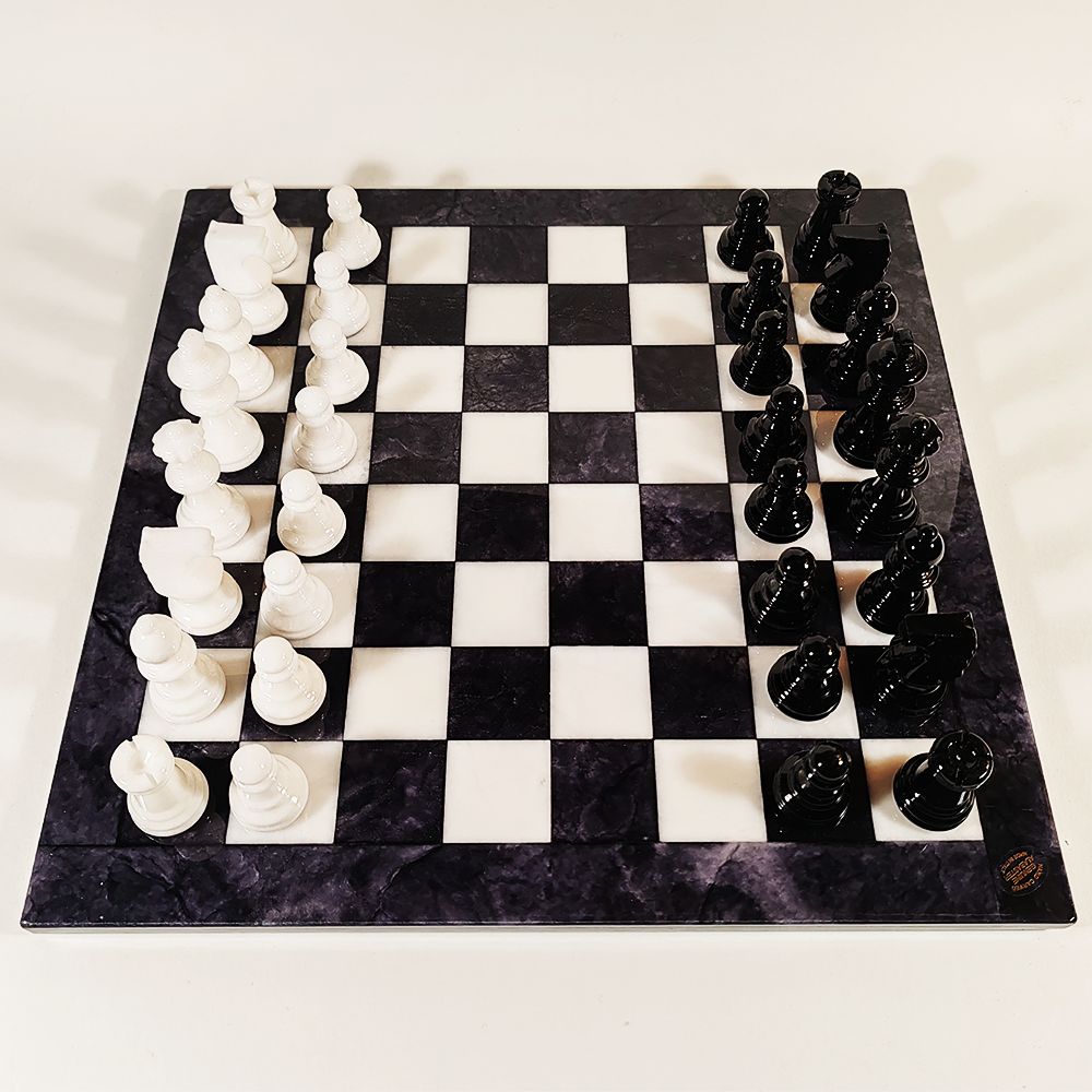 1970s Stunning Chess Set In Hand Carved Alabaster Of Volterra   Black And White   Made In Italy photo 690.0