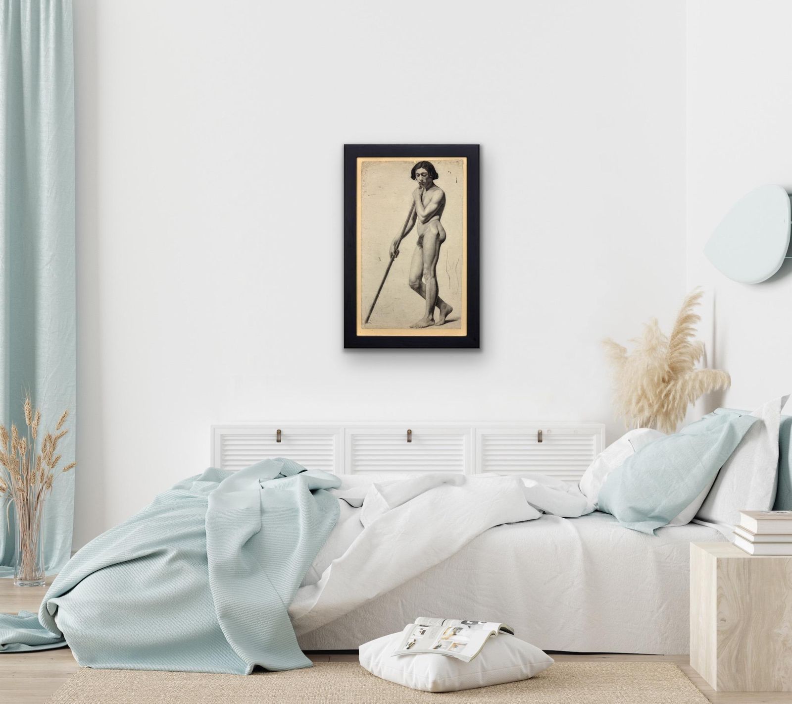 photo furniture Henry Arthur Roberts 1819 To 1900. Pre Second Republic French Period Academic Life Study Of A Male Nude Carrying A Staff. Framed 1840s Drawing.