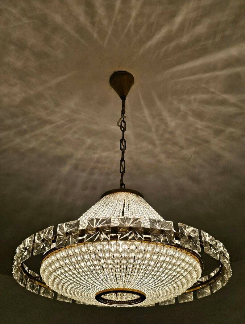 Extremely Rare Brass Ufo Chandelier With Faceted Glass Beads By J.L Lobmeyr // Swarovski Crystal Chandelier // Made In Austria In 1960s