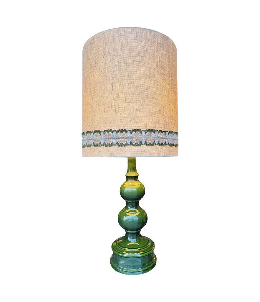 A Large French 1960s Green Glazed Ceramic Lamp With Original Hessian Shade photo for sale