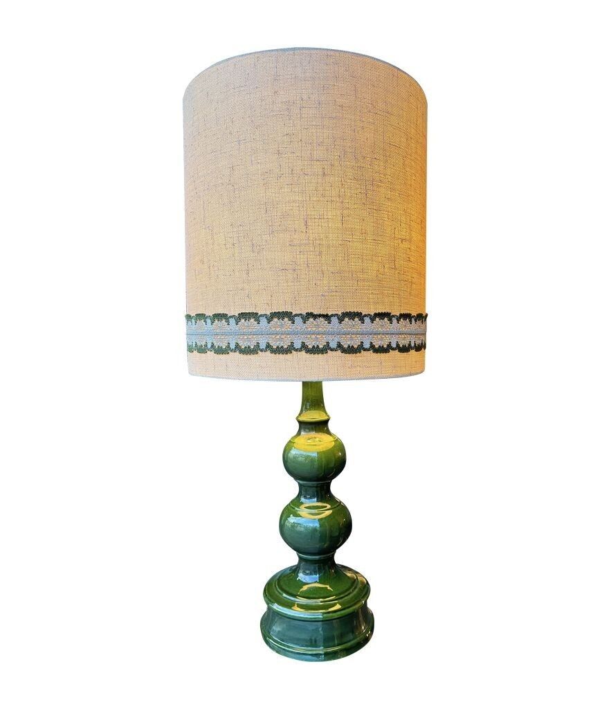 A Large French 1960s Green Glazed Ceramic Lamp With Original Hessian Shade photo vintage
