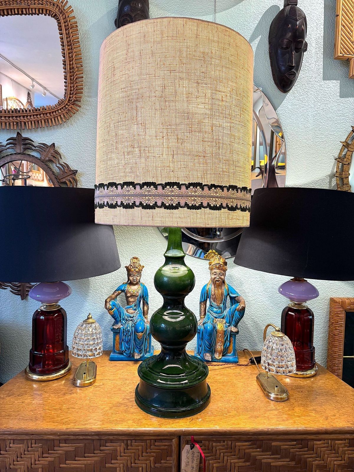 photo buy A Large French 1960s Green Glazed Ceramic Lamp With Original Hessian Shade