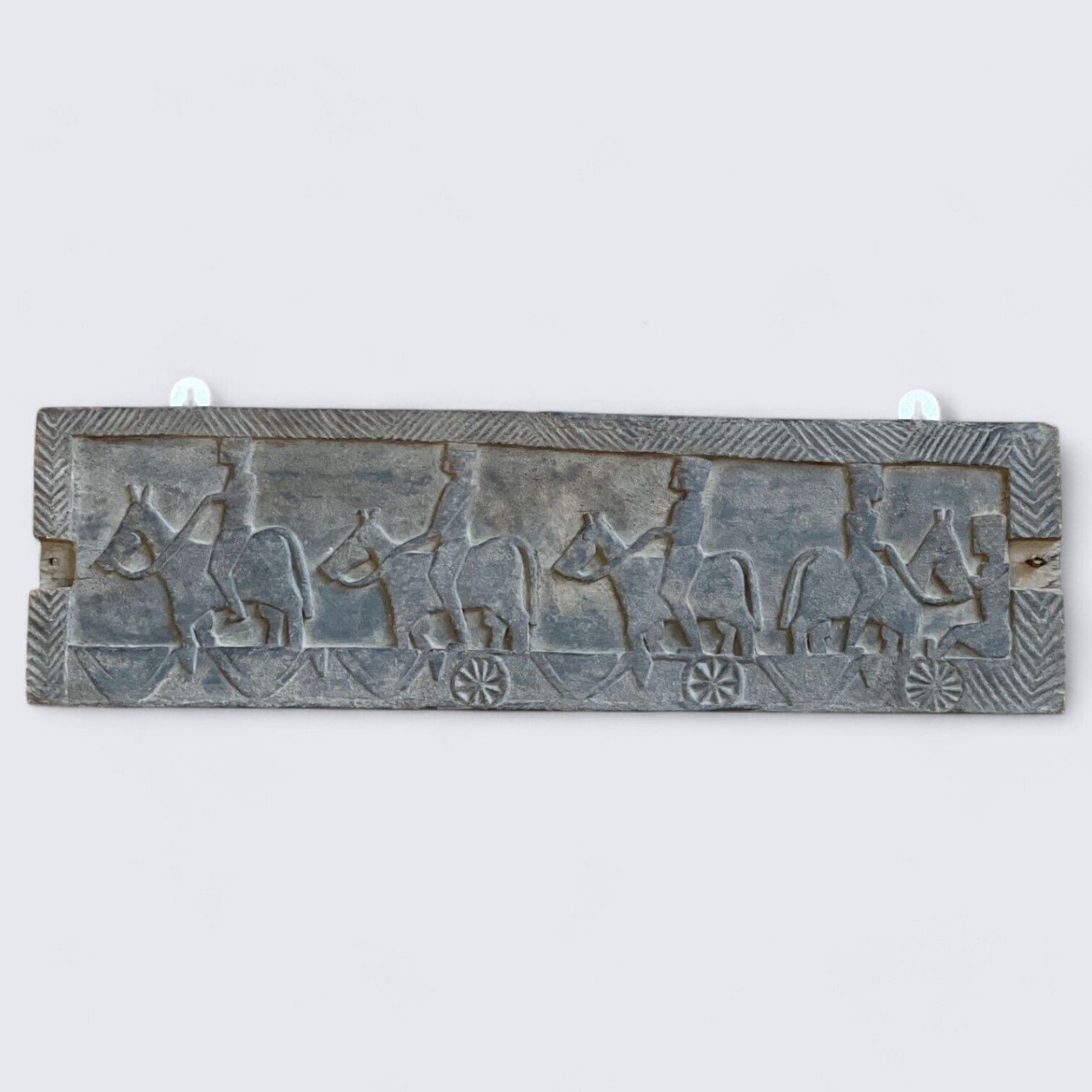 Antique Hand Carved Assyrian Wall Decor, Late 1800s – Teakwood Tribal Art With Warriors & Horses