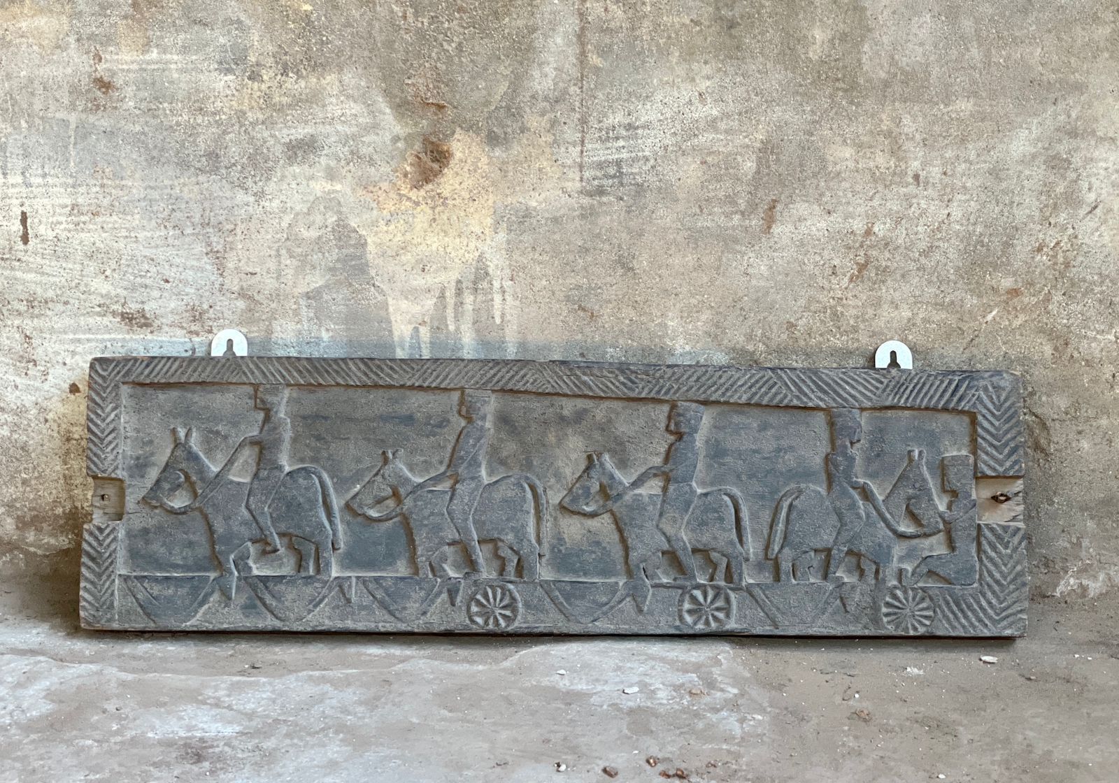 Antique Hand Carved Assyrian Wall Decor, Late 1800s – Teakwood Tribal Art With Warriors & Horses photo for sale