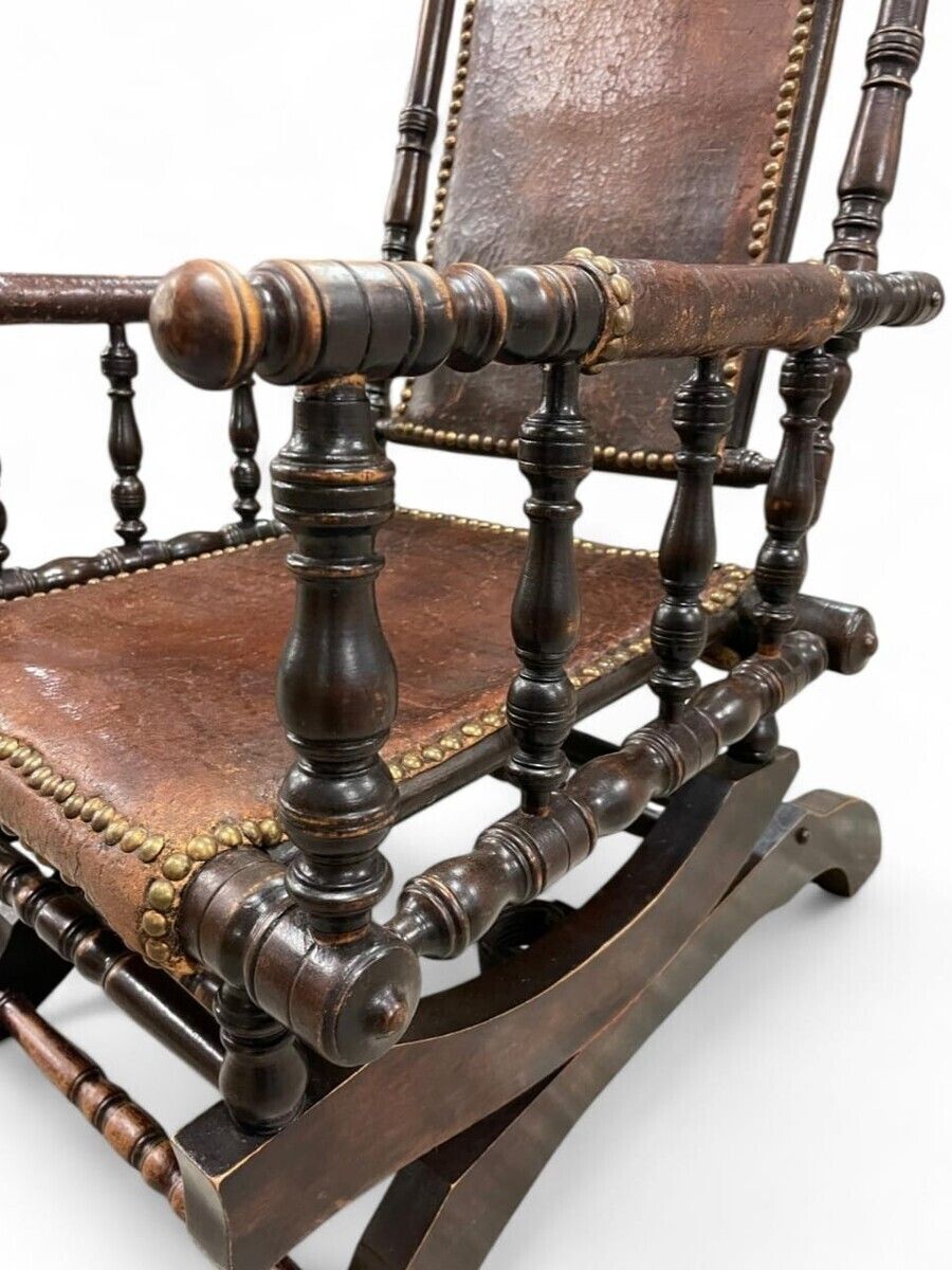 Rocking Chair, Patinated Wood And Leather, English Work, Late 19th Century photo furniture