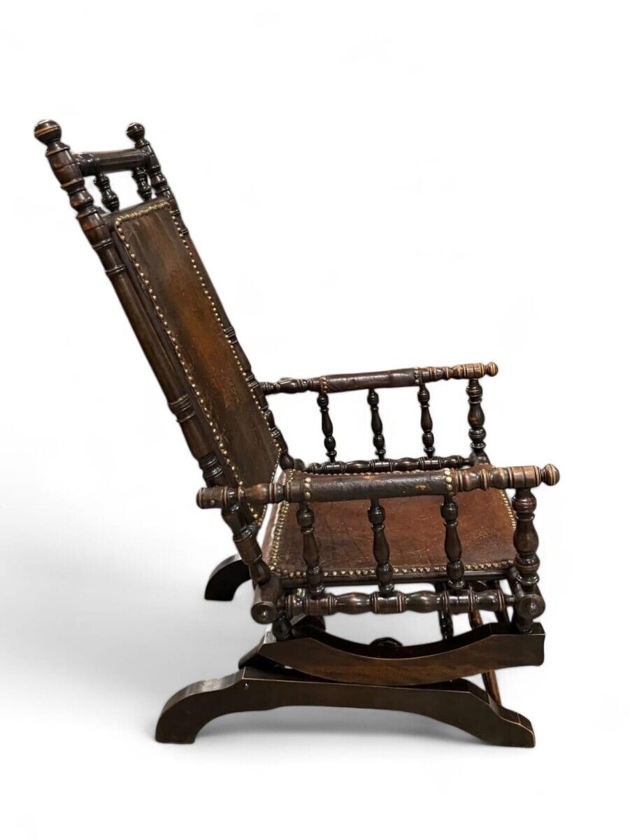 Rocking Chair, Patinated Wood And Leather, English Work, Late 19th Century photo vintage