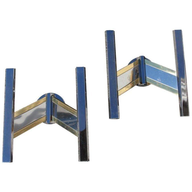 Geometric Pair Of Sconces Metal Chrome Brass Sciolari Italian Design, 1970s