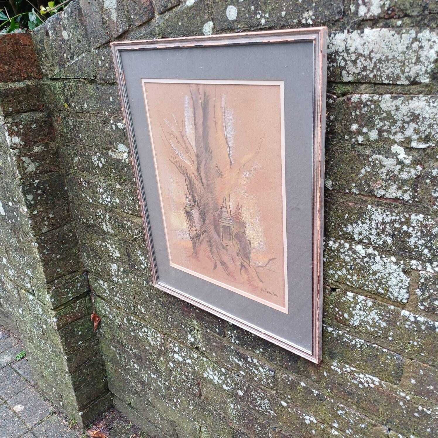 photo furniture Quirky Vintage Pastel Of Tree, Lanterns And Gravestone   Mystical, Fairytale, Unusual   Vgc 53cm X 43cm