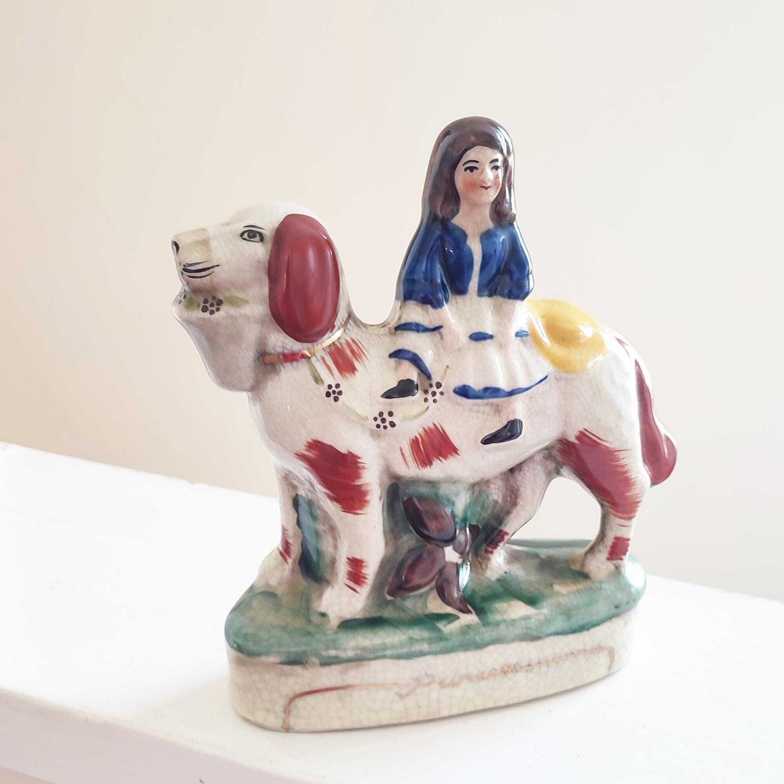 19th Century Antique Figure Of Princess On Spaniel   Staffordshire Pottery   Girl Sat On Large Dog   Classic Figurine   Shelf Mantle Display photo for sale