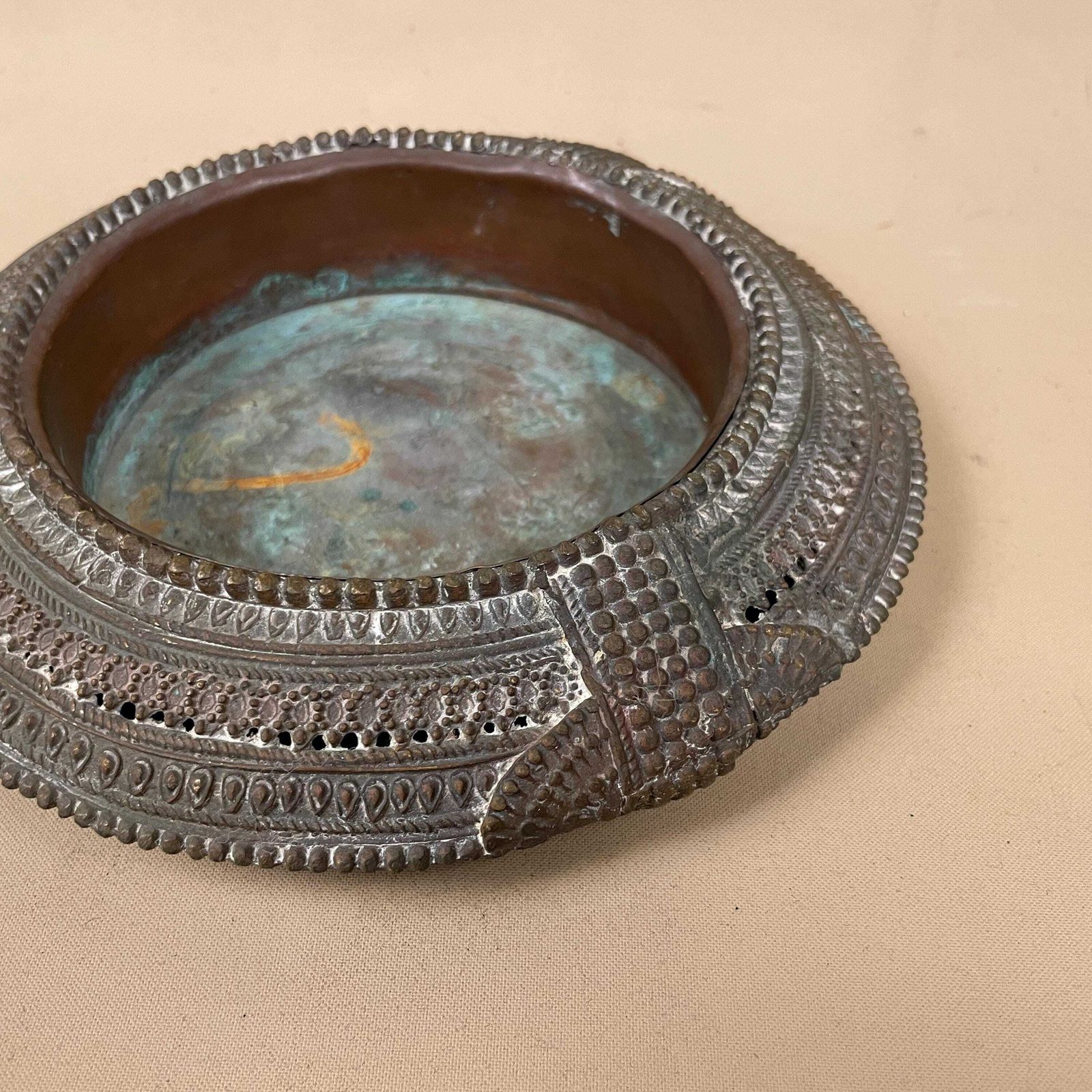 Antique Indian Copper Metal Candle Holder Tea Light Lantern India Dinner Candlestick Metal Work Pattern Handmade Traditional Flat Asian photo Home Decor