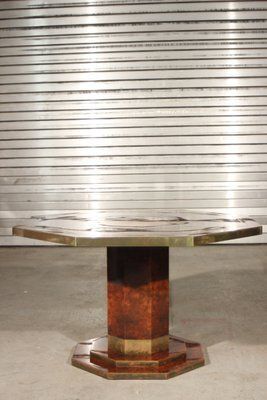 Burl Lacquer And Brass Dining Table By Jean Claude Mahey For Maison Roméo, 1970s photo for sale