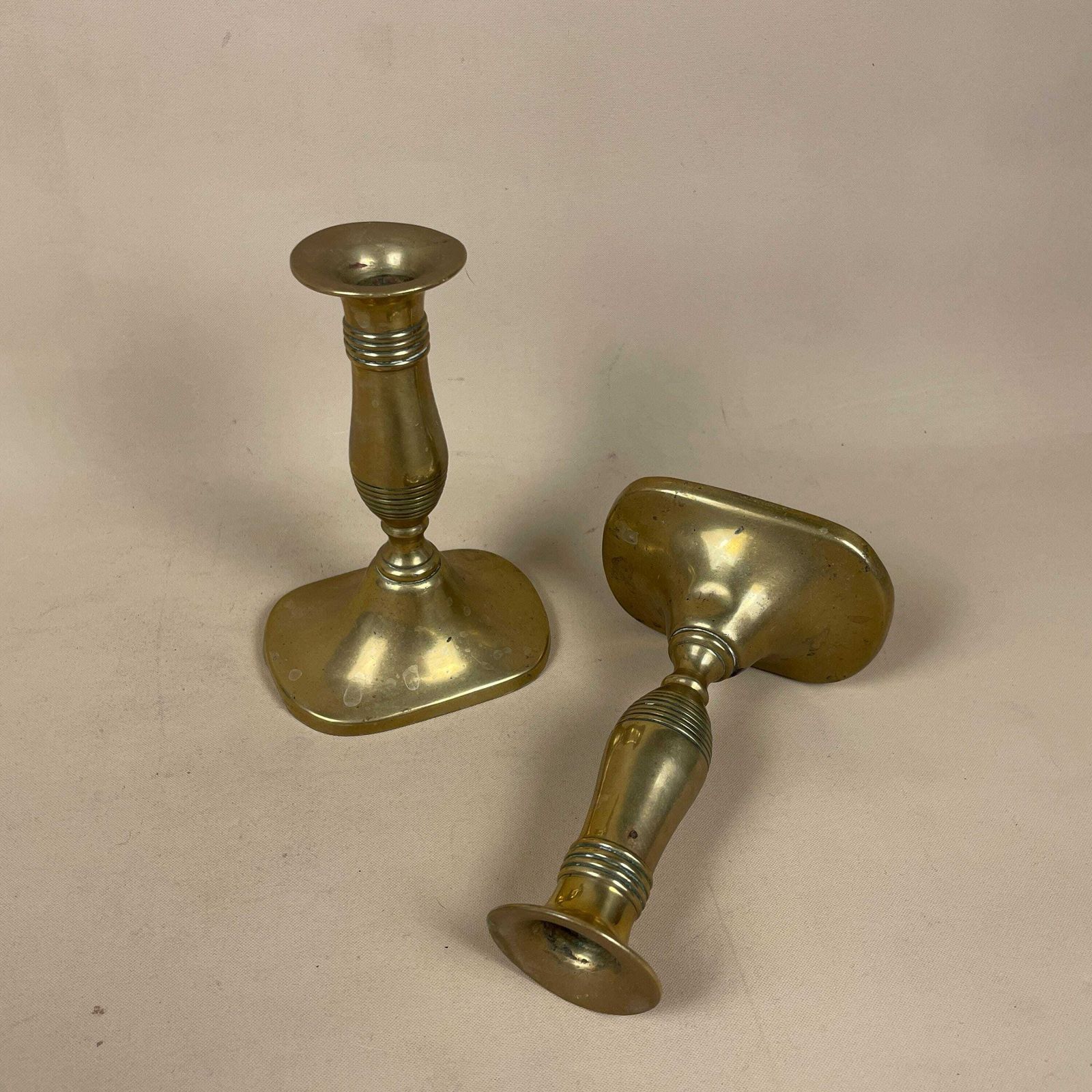 Antique Matching Pair Of Gold Brass Metal Candlestick Candle Stick Vintage Column Taper Dinner Candlesticks Oval Base Column Pillar photo furniture