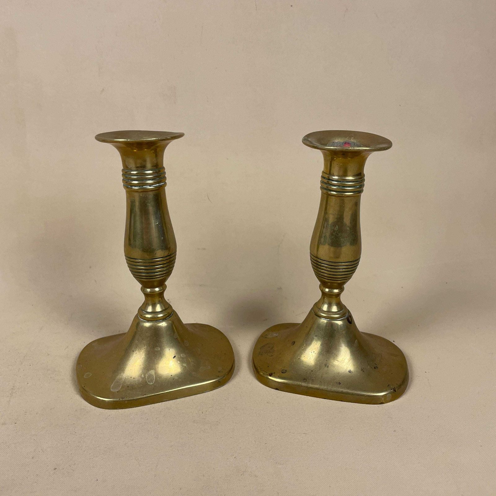 Antique Matching Pair Of Gold Brass Metal Candlestick Candle Stick Vintage Column Taper Dinner Candlesticks Oval Base Column Pillar photo for sale