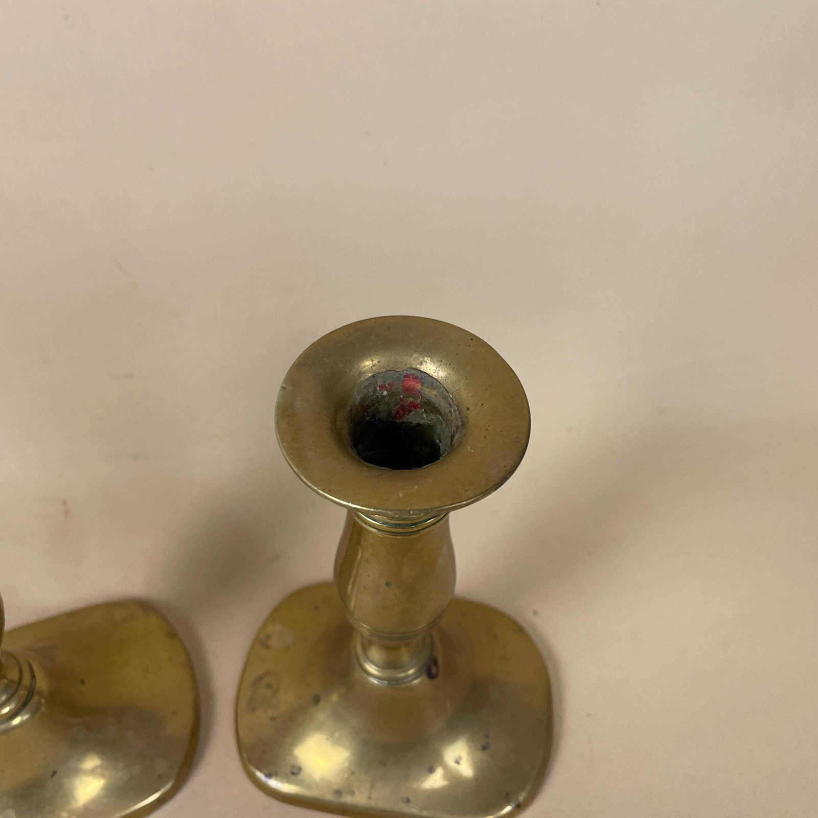 Antique Matching Pair Of Gold Brass Metal Candlestick Candle Stick Vintage Column Taper Dinner Candlesticks Oval Base Column Pillar photo 55.0