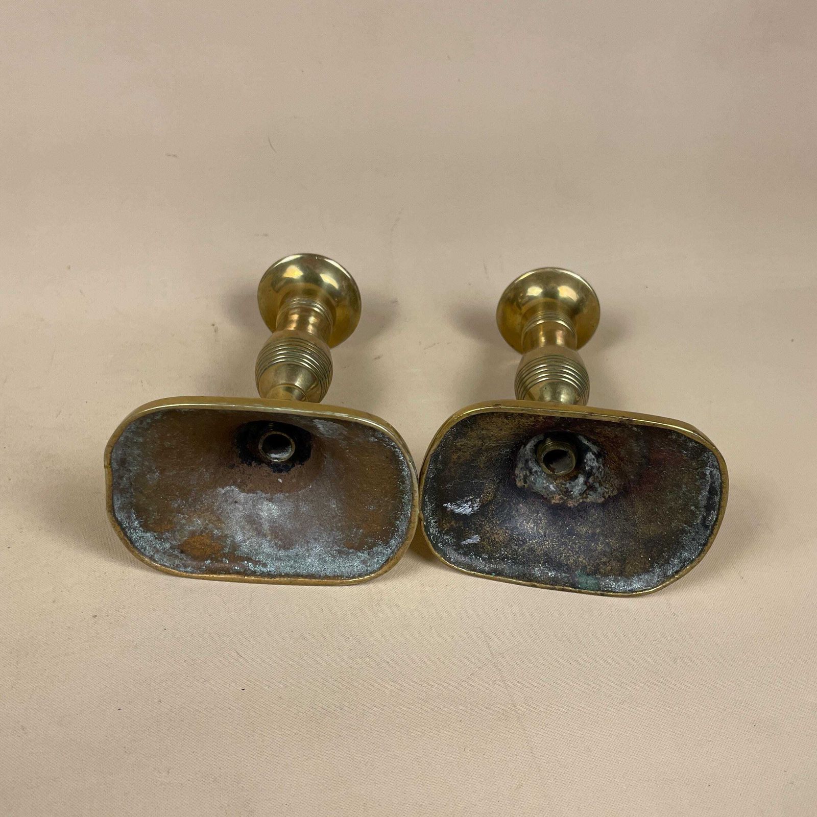 Antique Matching Pair Of Gold Brass Metal Candlestick Candle Stick Vintage Column Taper Dinner Candlesticks Oval Base Column Pillar photo buy