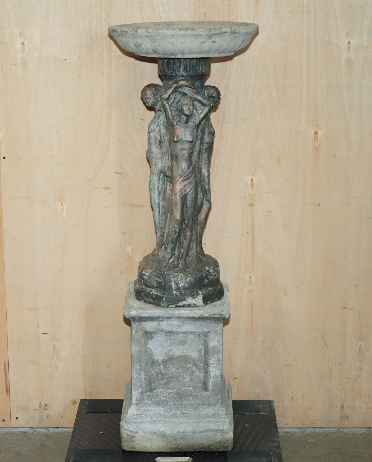 Vintage Three Graces Bird Bath Garden Statue With Highly Patined Finish photo furniture