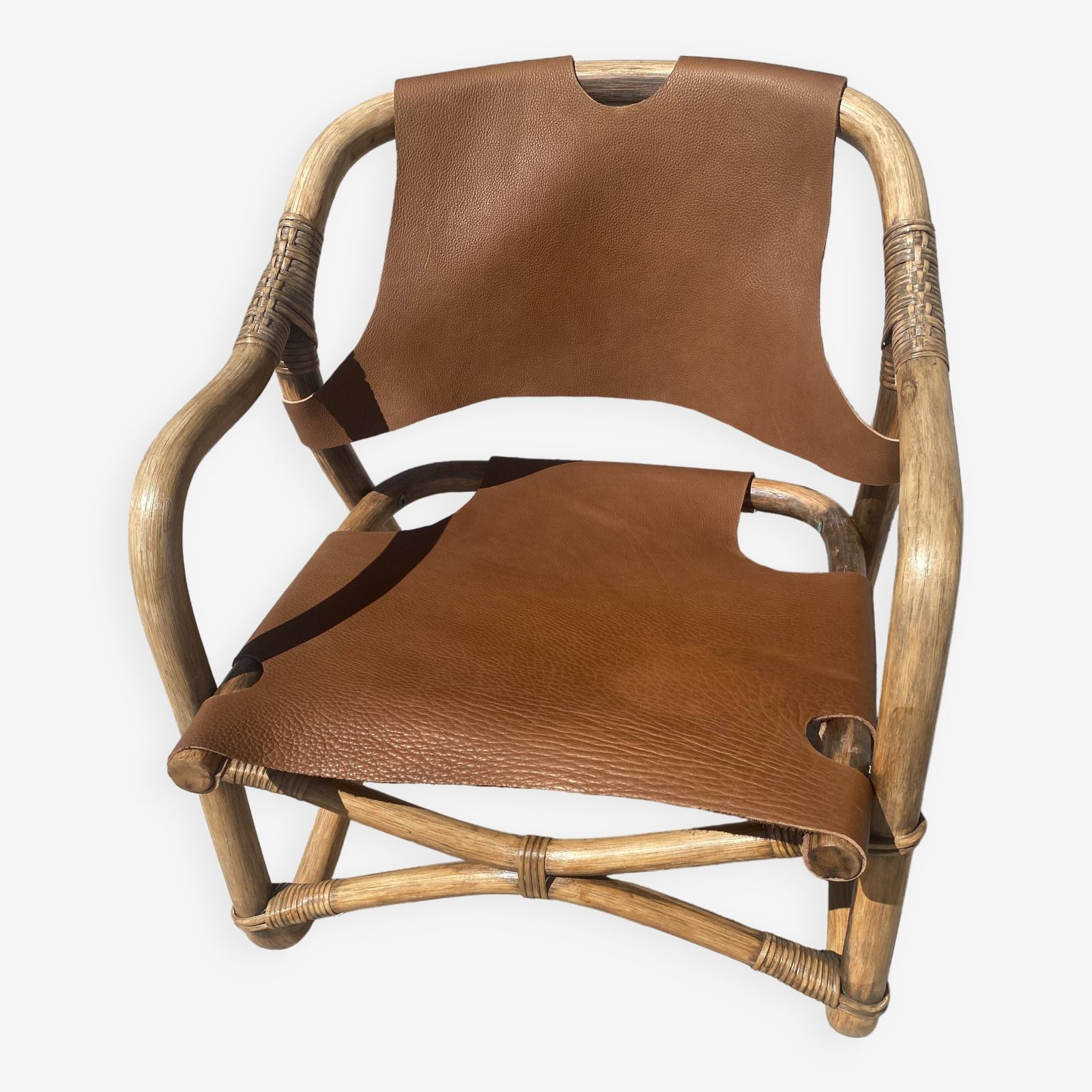 Mid Century Bamboo And Leather Safari Armchair, Denmark, 1960s
