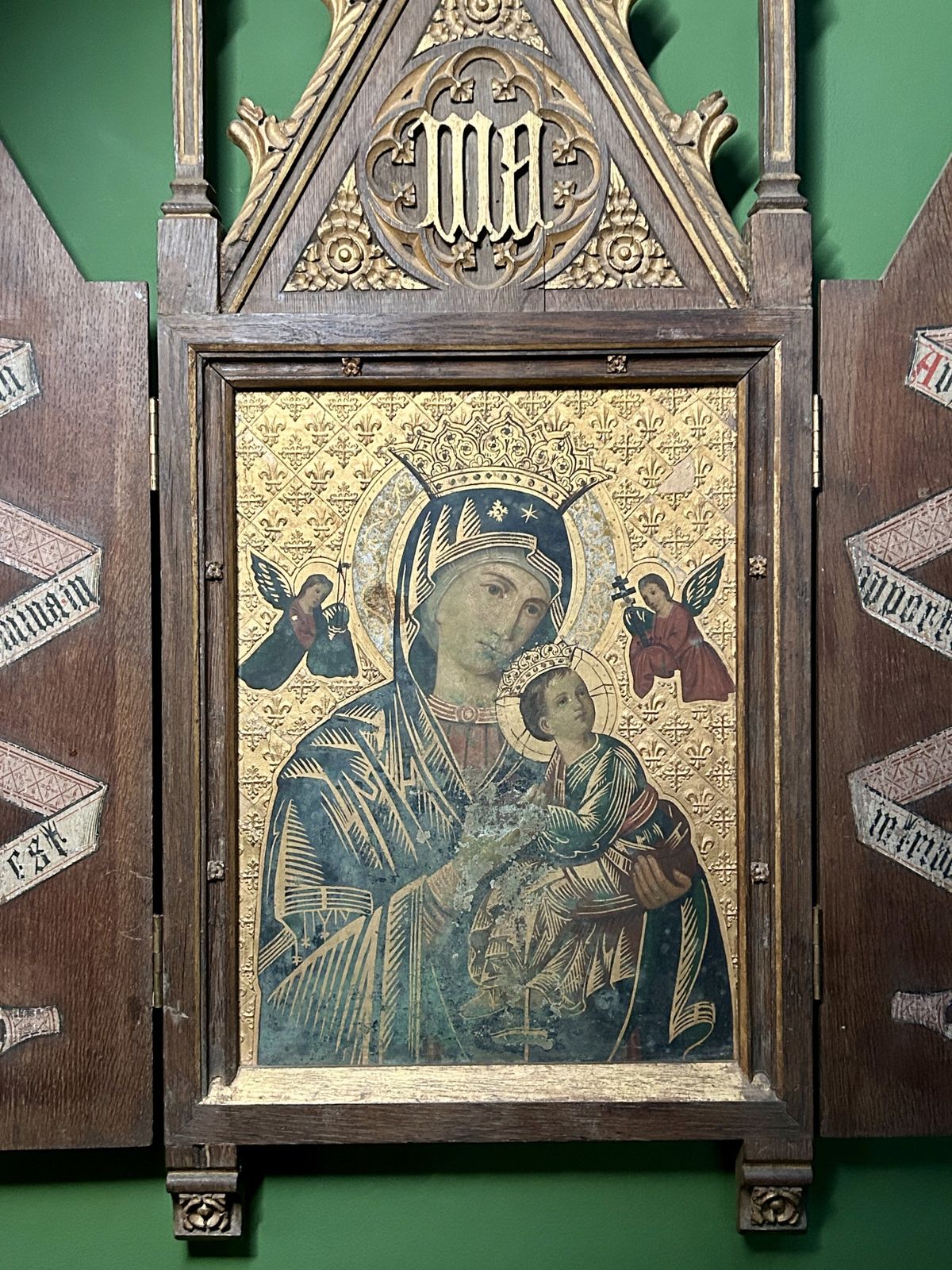 19th Century Italian Religious Icon Oil Painting In Gothic Revival Cabinet Frame photo furniture