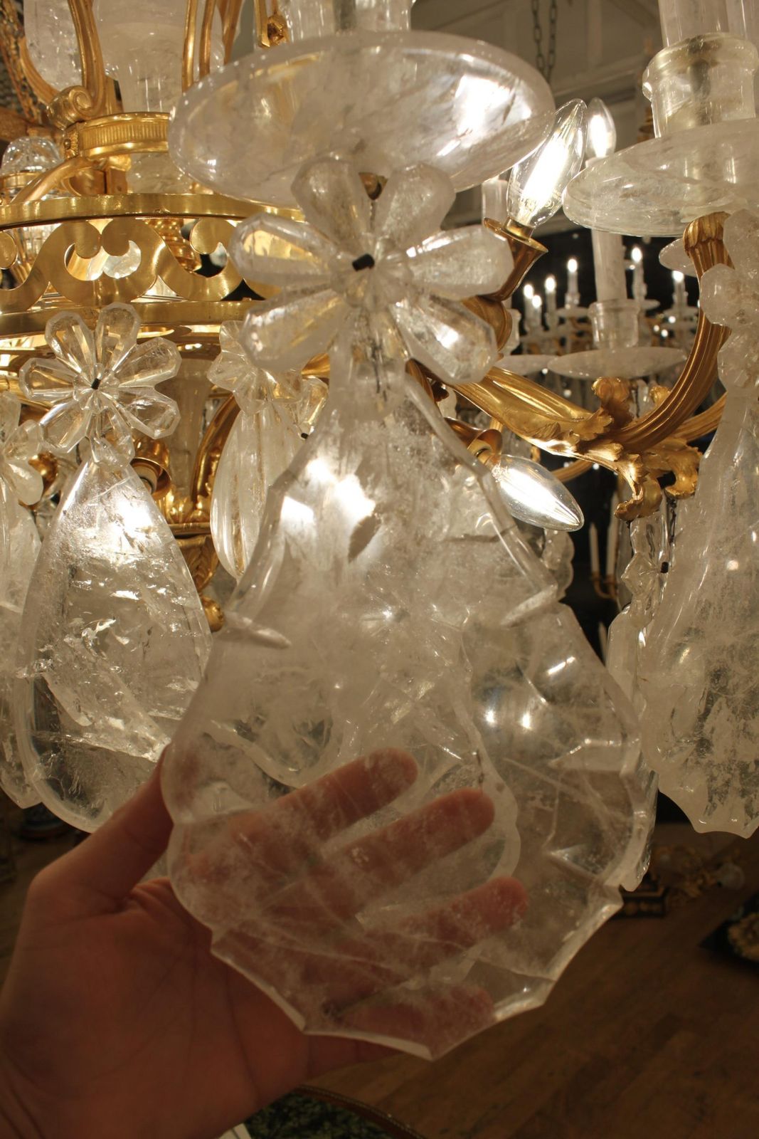 photo furniture Magnificent Crowned French Bronze And Rock Crystal Chandelier With Candles 12