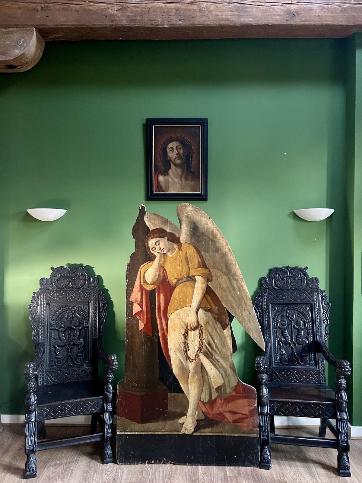 19th Century Life Size Oil Painting On Carved Wooden Panel Of A Mourning Angel & Crown Of Thorns photo vinterior