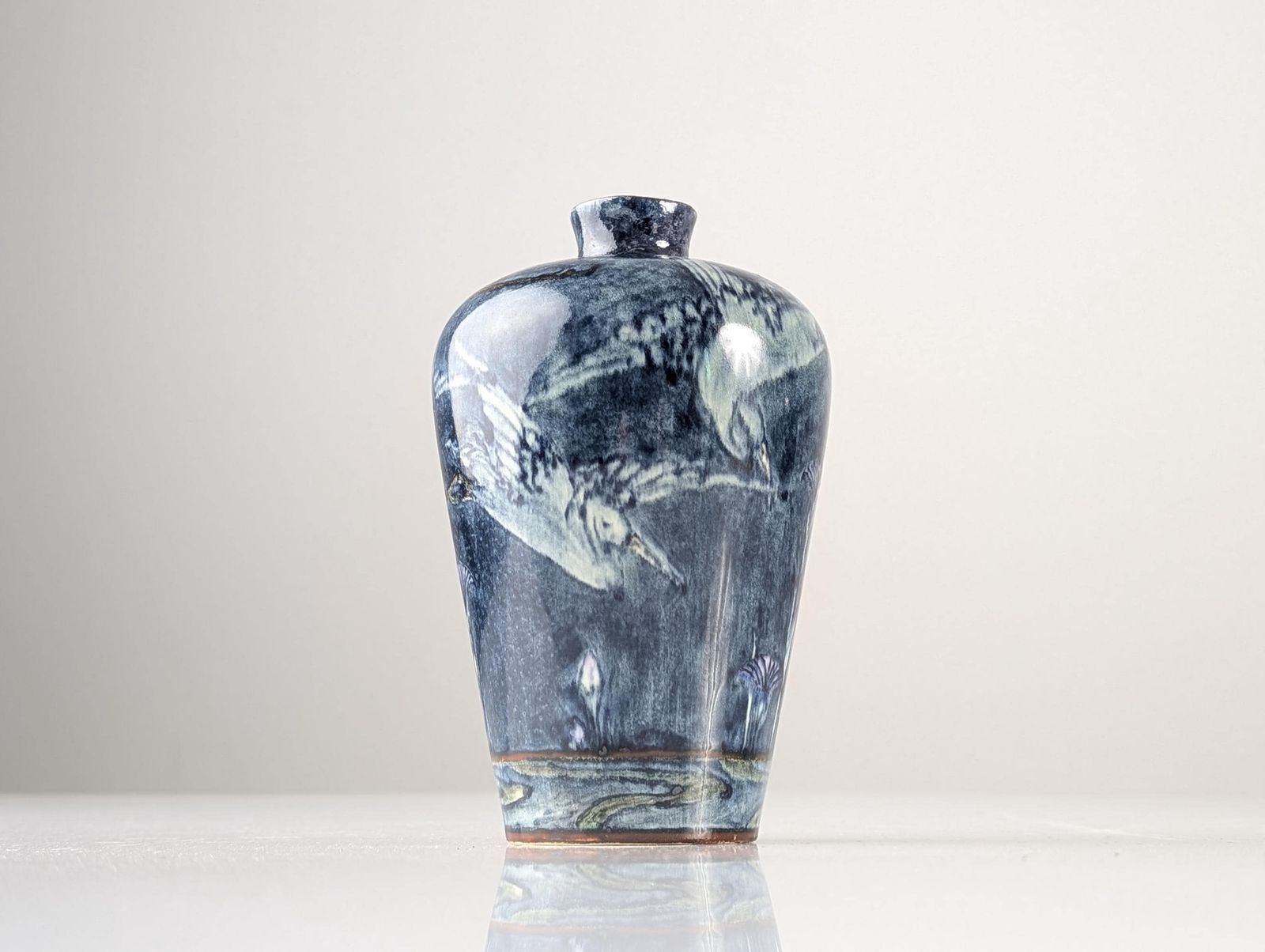 Art Nouveau Vase With Herons And Flowers On The Lake By J.W. Mijnlieff, Fayence Holland Utrecht 1900s