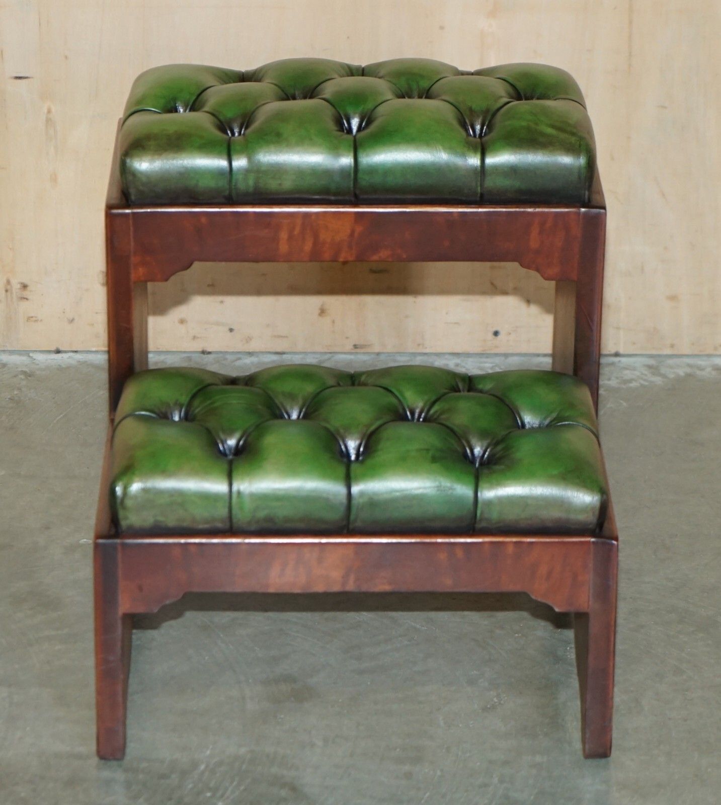 Fully Restored Antique Flamed Mahogany Green Leather Chesterfield Library Steps photo furniture