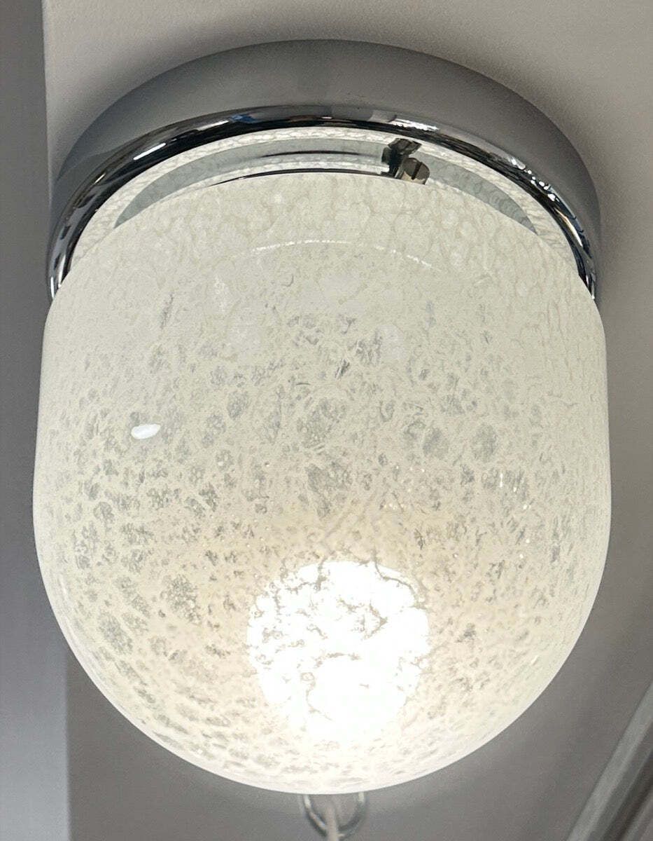 1970s German Peill & Putzler Mottled White Domed Glass & Polished Chrome Domed Flush Mount Ceiling Light photo vinterior