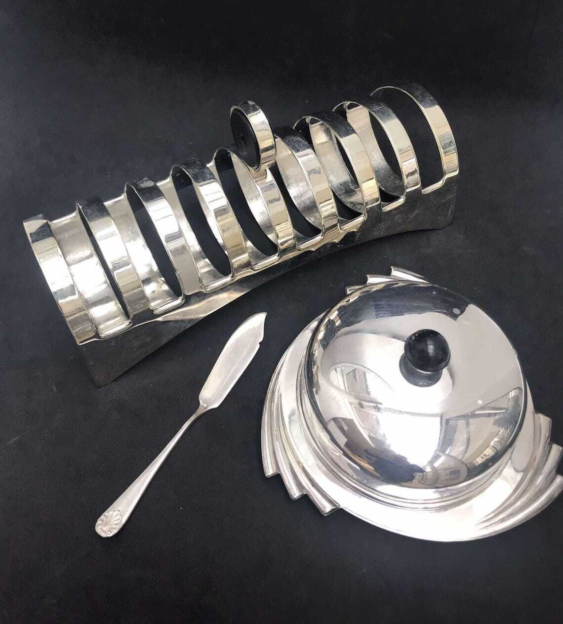 Butter Dish With Lid Toast Rack Holder 8 Slices Silver Plated Breakfast Set Wedding Gift Hostess Gift photo buy