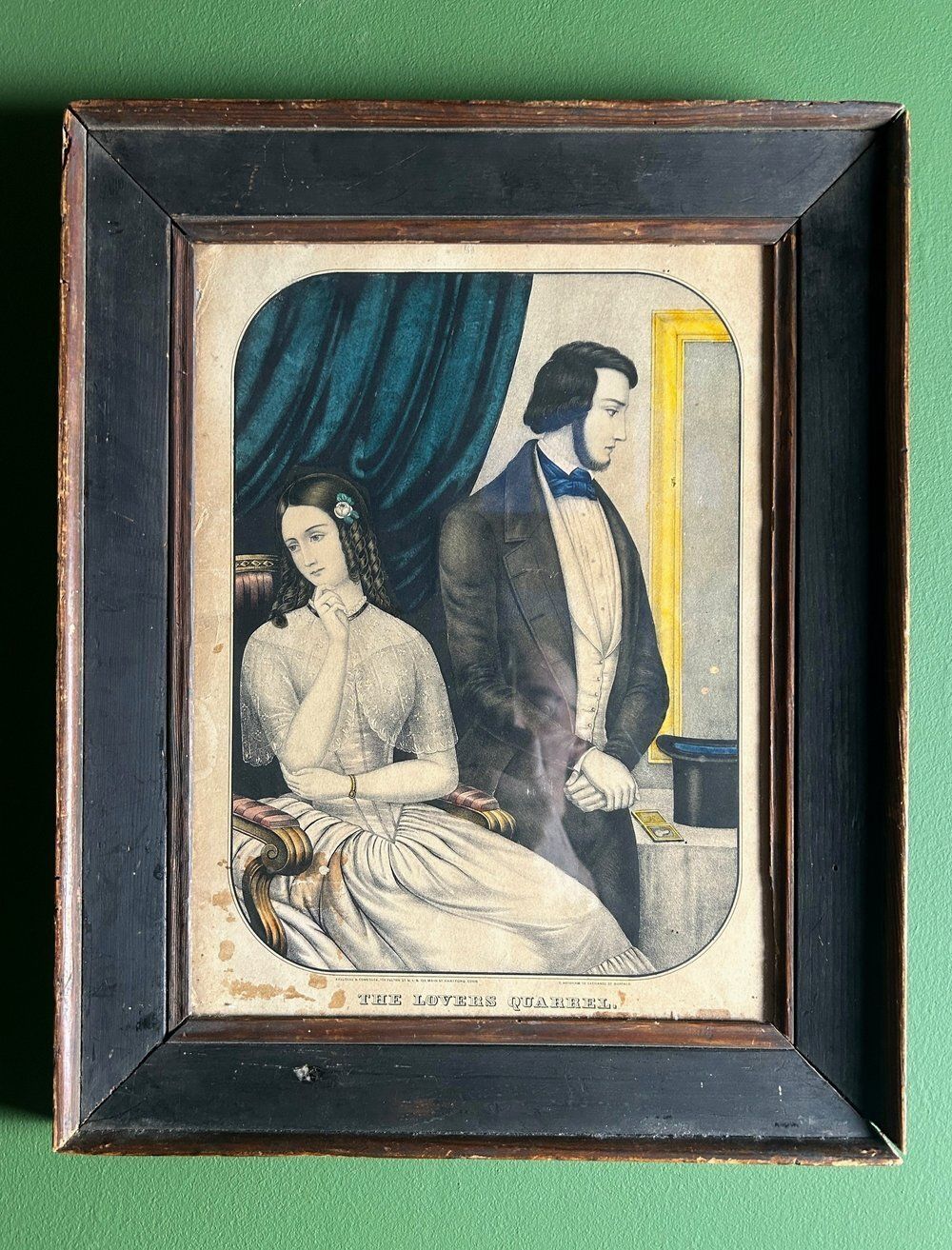 19th Century Antique Hand Coloured Framed Lithograph Of The Lovers Quarrel By Nathaniel Currier 1846