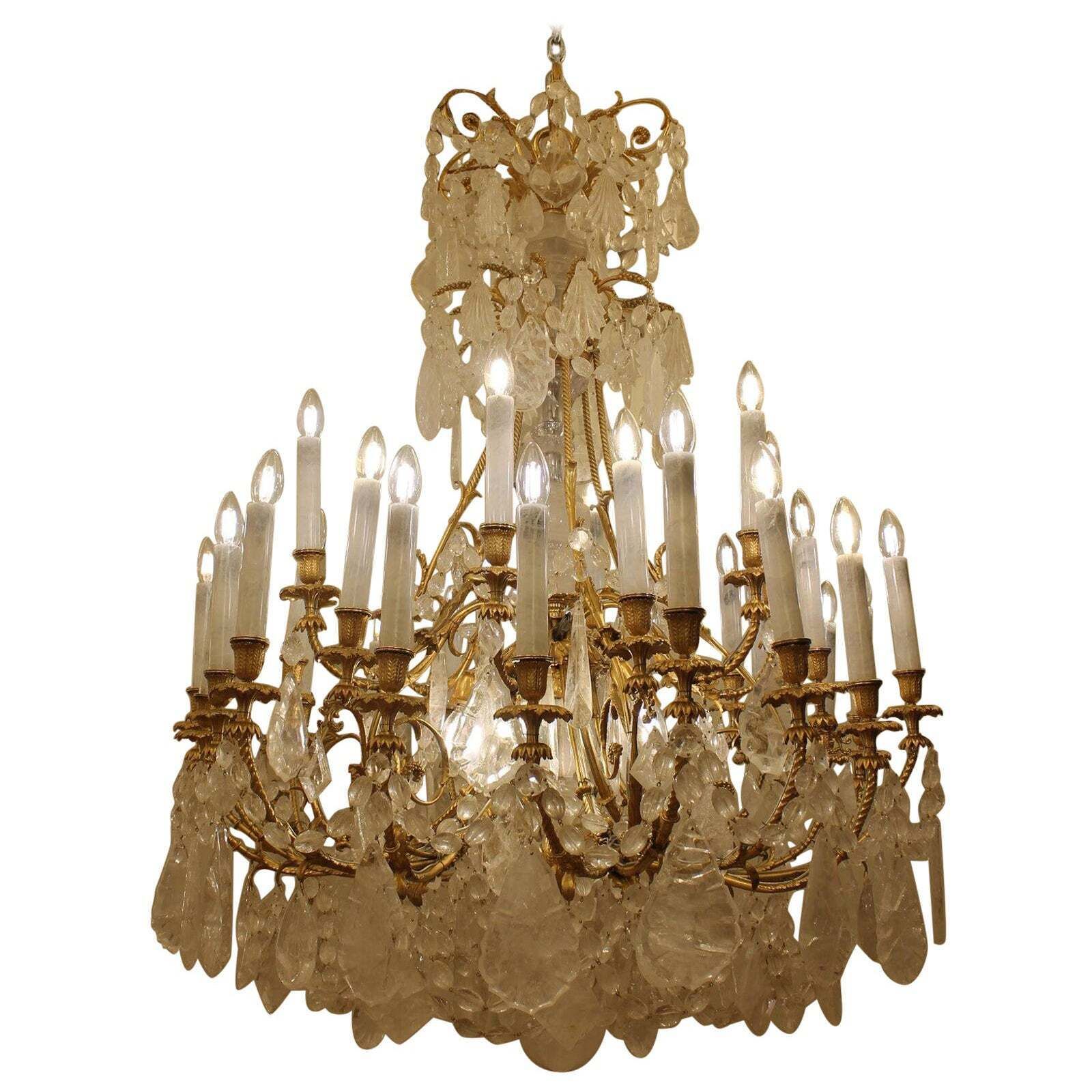 Large Beautiful Bronze And Rock Crystal French Baccarat Chandelier With 36 Lights