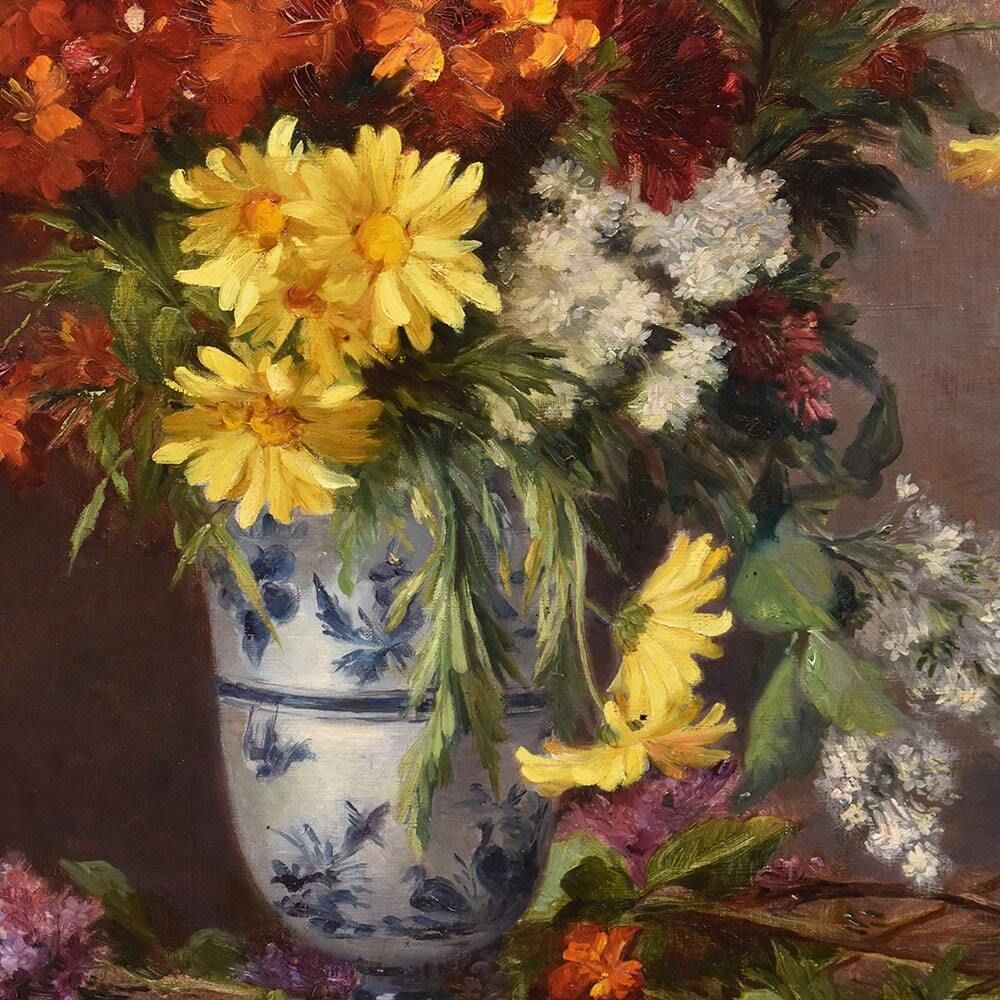 Antique Flower Painting, Daisies And Lilacs Flowers, Oil On Canvas, Late 19th Century. (Qf630) photo Art