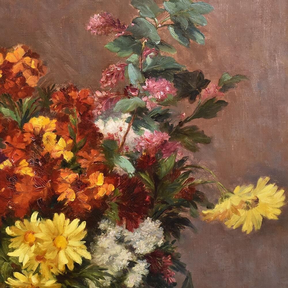 Antique Flower Painting, Daisies And Lilacs Flowers, Oil On Canvas, Late 19th Century. (Qf630) photo 2700.0