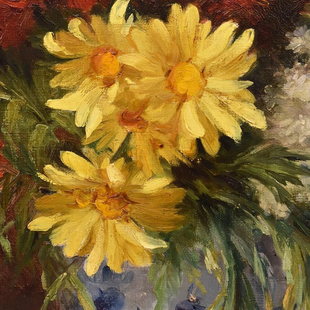 Antique Flower Painting, Daisies And Lilacs Flowers, Oil On Canvas, Late 19th Century. (Qf630) photo buy